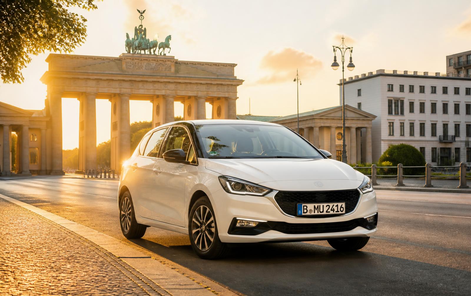Weißer Mietwagen mit Kennzeichen B-MU 2416 vor dem Brandenburger Tor in Berlin