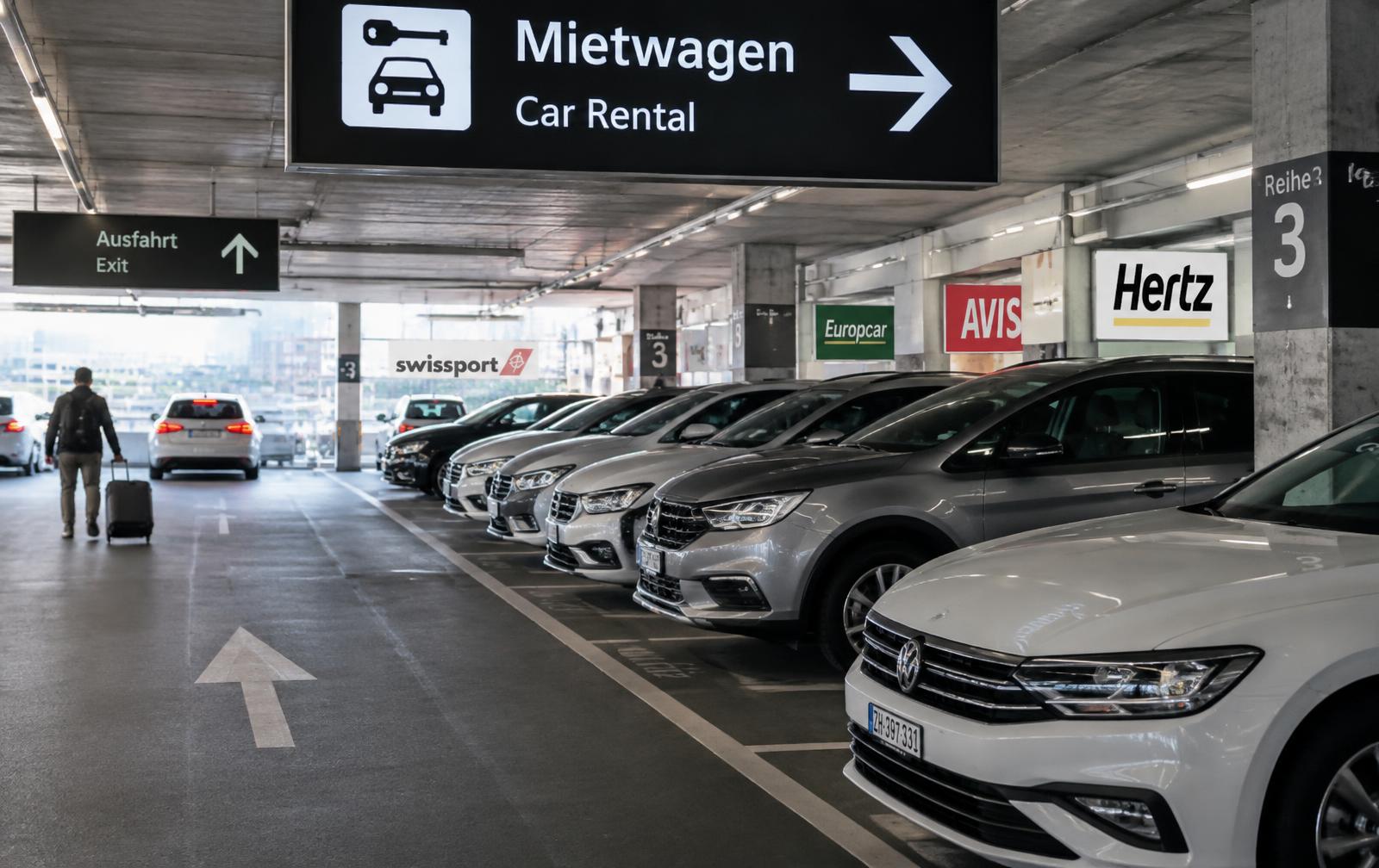 Mietwagenbereich in einem Schweizer Flughafenparkhaus mit Beschilderung und einer Reihe bereitstehender Fahrzeuge